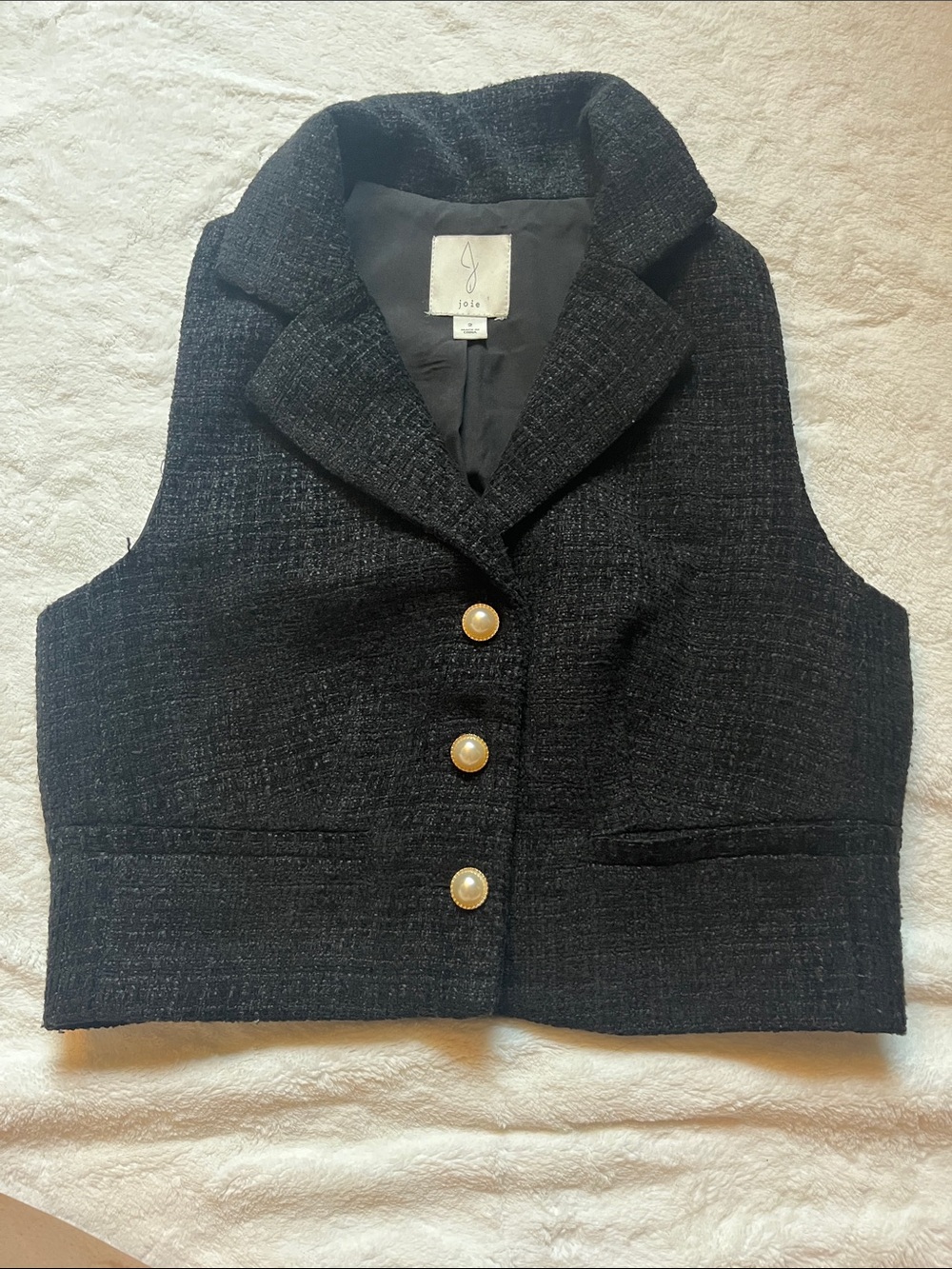 Joie Black Tweed Vest with Pearl Trim Buttons